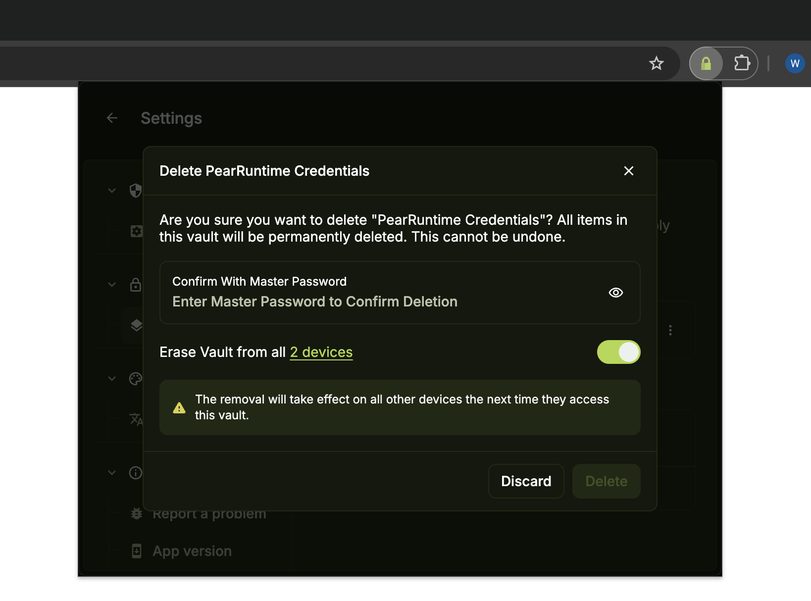 Delete vault confirmation dialog with master password field and Erase Vault toggle