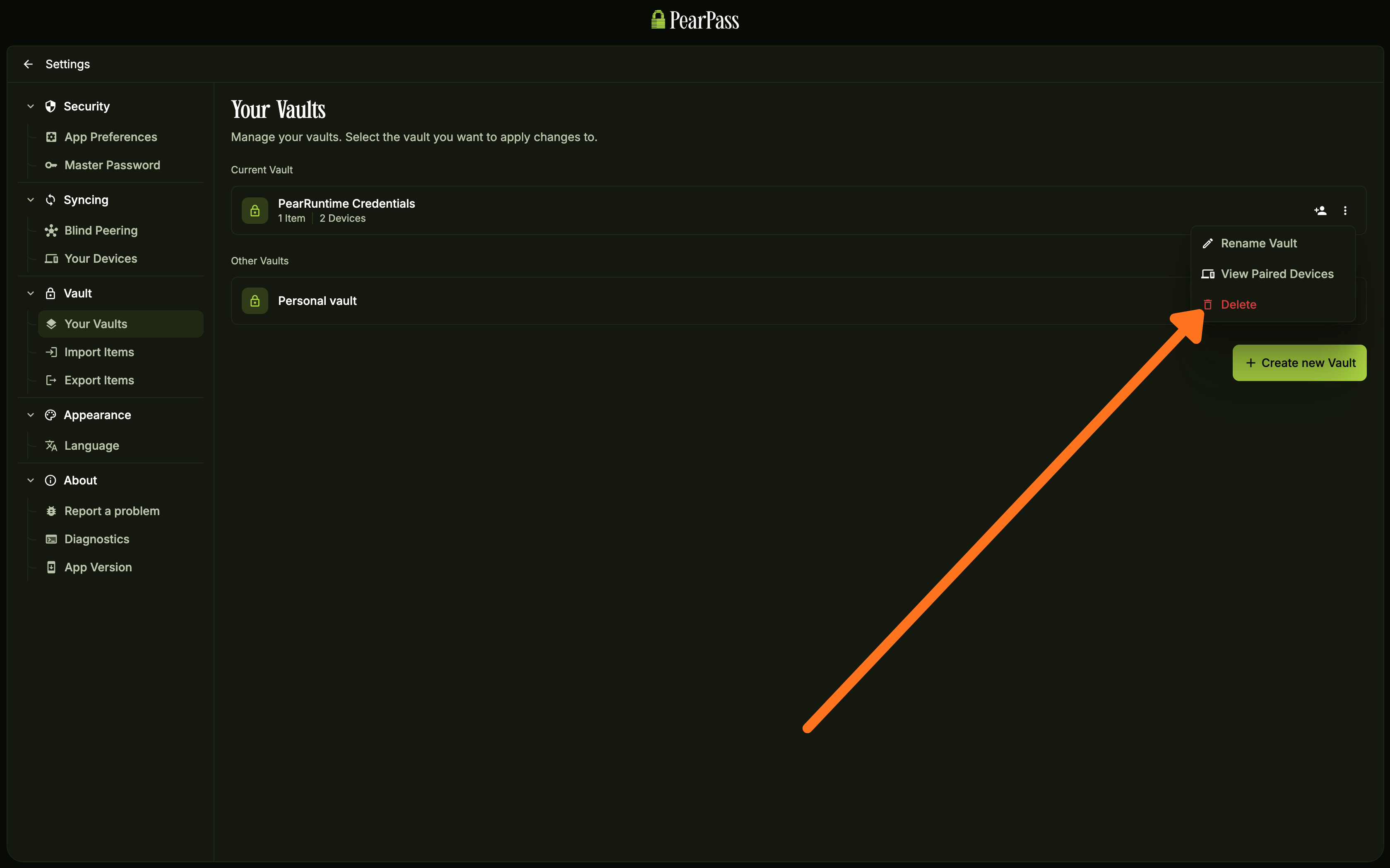 Dropdown menu with Delete option highlighted
