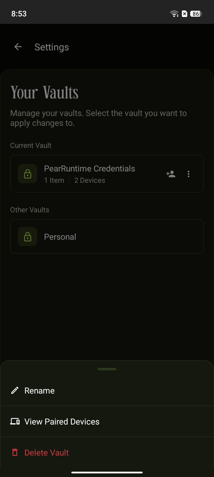 Bottom sheet menu with Rename, View Paired Devices, and Delete Vault options